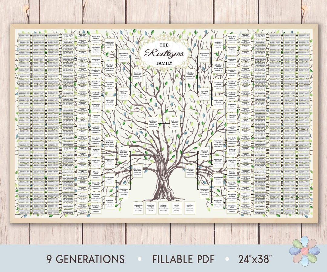 Family Tree Template for 9 Generations. Old Leafy Tree Large