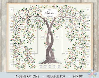 4 Generations Family Tree Template: Two Intertwining Summer Trees Larsi Genealogy Chart (Fillable PDF)