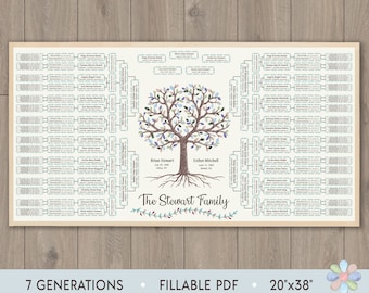 7 Generations Family Tree Template: Large Winter Tree with Roots (Fillable PDF)