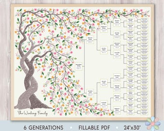 May include: A printable family tree chart with a floral design. The chart is 24 inches by 30 inches and includes space for six generations. The text "The Winking Family" is at the bottom of the chart.