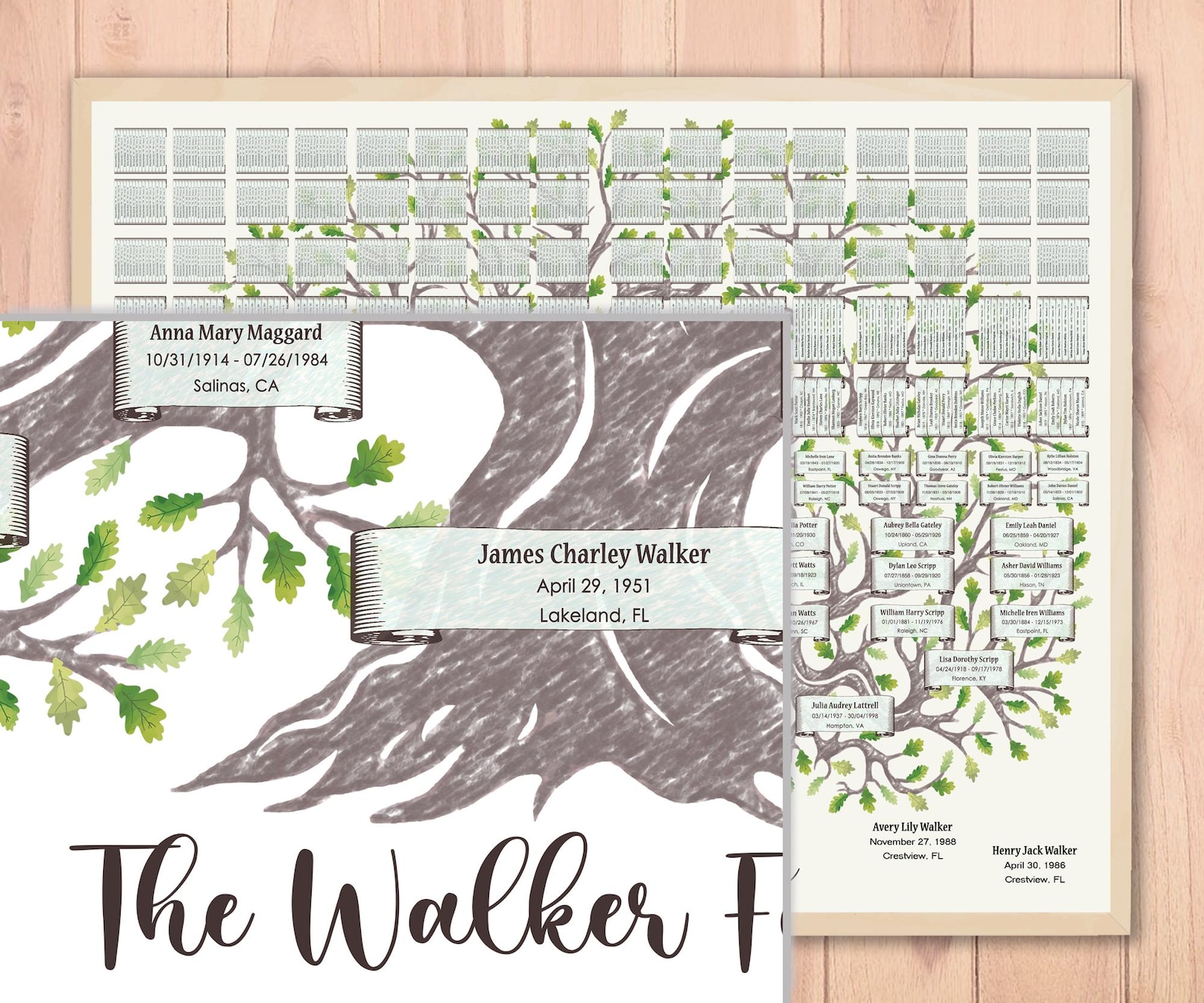 10 Generations Family Tree Template: Green Oak Curved Trunk Walki ...