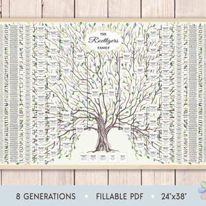May include: A printable family tree chart with a large tree illustration in the center. The chart is designed to be filled in with names and dates. The chart is 24 inches by 38 inches and includes 8 generations. The text "THE Roettgers FAMILY" is at the top of the chart.