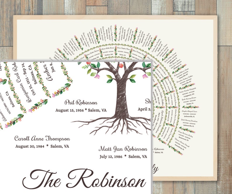 May include: A watercolor family tree chart with a brown tree trunk and green leaves. The chart features the names "Phil Robinson", "Caroll Anne Thompson", and "Matt Jan Robinson" with their birth dates and locations. The text "The Robinson" is at the bottom of the chart.