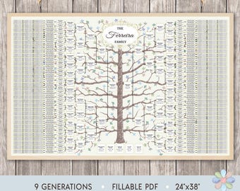9 Generations Family Tree Template: Winter Branched Tree Ferri Genealogy Chart (Fillable PDF)