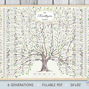 Family Tree Template for 6 Generations. Old Leafy Tree Large Roeti Family Tree. Family Tree Chart Template. Fast Edit Digital File