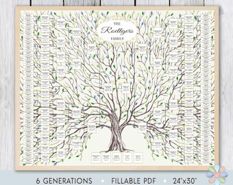 Family Tree Template for 6 Generations. Old Leafy Tree Large Roeti Family Tree. Family Tree Chart Template. Fast Edit Digital File