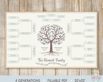 4 Generations Family Tree Template: Large Winter Tree with Roots (Fillable PDF)