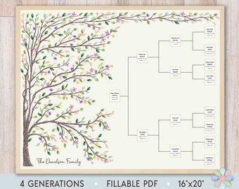 Family Tree Template for 4 Generations. Leafy Dani Genealogy Family Tree. Family Tree Fillable Wall Art Template. Digital File Fast Edit