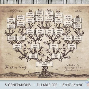 May include: A printable family tree template with a brown tree trunk and branches, and brown rectangular boxes for names. The text "The Harris Family" is at the bottom of the tree. The text "5 Generations, Fillable PDF, 8"x10", 16"x20" is at the bottom of the page. The text "Like branches on a tree, we all grow in different directions, yet our roots remain as one" is at the bottom of the page.