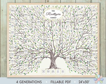 4 Generations Family Tree Template: Old Leafy Green Tree Roeti Genealogy Chart (Fillable PDF)
