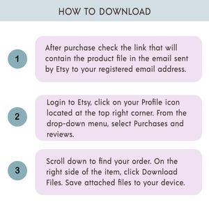 May include: An instructional graphic titled HOW TO DOWNLOAD with three numbered steps in teal circles. Step 1: Check email for link. Step 2: Login to Etsy, click Profile icon, select Purchases and reviews. Step 3: Find order, click Download Files to save.