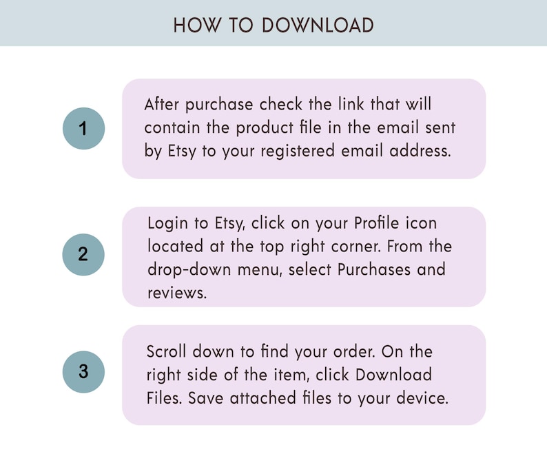 May include: An instructional graphic titled HOW TO DOWNLOAD with three numbered steps in teal circles. Step 1: Check email for link. Step 2: Login to Etsy, click Profile icon, select Purchases and reviews. Step 3: Find order, click Download Files to save.