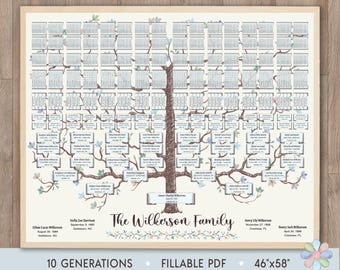 May include: A printable family tree chart with a hand-drawn tree design. The chart is titled "The Wilkerson Family" and includes 10 generations. The chart is 46 inches by 58 inches and is a fillable PDF.