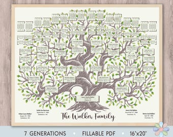 7 Generations Family Tree Template: Green Oak Curved Trunk Walki Genealogy Chart (Fillable PDF)