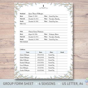 May include: A printable genealogy chart with a floral border. The chart is divided into sections for husband, wife, and children. The chart includes fields for names, dates of birth, marriage, and death, as well as places of birth, marriage, and death.