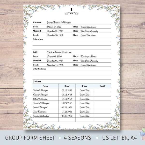 Group Form Sheet for Notebook Ancestor Profile Page. Leafy Ornament Four Seasons Willi. Genealogy Family Notebook Page. Print Digital File