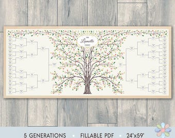 5 Generations Family Tree Template: Large Summer Centered Lammi Genealogy Chart (Fillable PDF)
