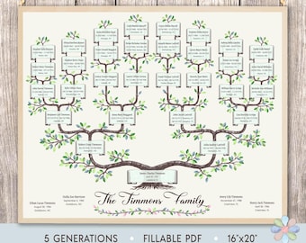 5 Generations Family Tree Template: Branched Greenery Leafy Timmi Genealogy Chart (Fillable PDF)