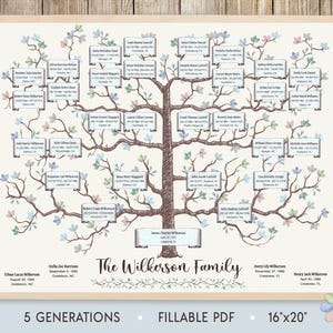 5 Generations Family Tree Template: Winter Branched Wall Art Wilks Genealogy Chart (Fillable PDF)