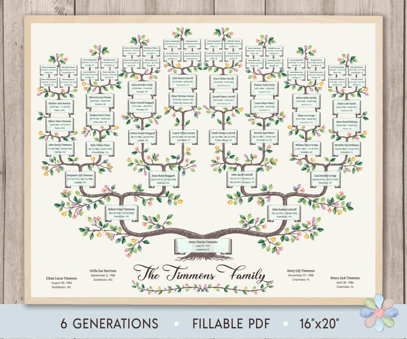May include: A printable family tree template in the shape of a tree with pink, yellow, and green flowers. The template is titled "The Timmons Family" and includes space for 6 generations. The template is 16 inches by 20 inches and is a fillable PDF.
