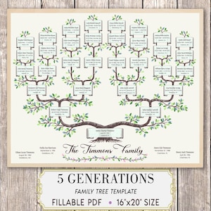 Puede incluir: Un gráfico de árbol genealógico de cinco generaciones con un árbol marrón ilustrado, hojas verdes y numerosas cajas de texto en forma de pergamino para nombres y fechas. El título dice The Timmons Family, con el texto: 5 GENERATIONS FAMILY TREE TEMPLATE FILLABLE PDF 16"x20" SIZE.