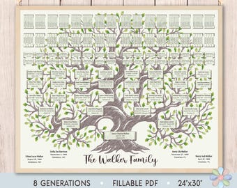 8 Generations Family Tree Template: Green Oak Curved Trunk Walki Genealogy Chart (Fillable PDF)