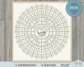 6 Generations Family Tree Chart: Farm on Hills Burti Genealogy Template (Corjl Online Edit)