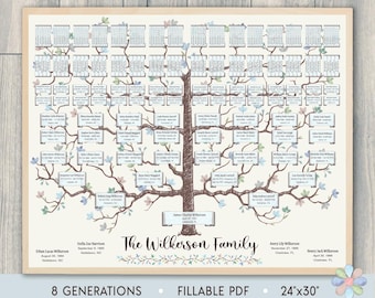 8 Generations Family Tree Template: Winter Branched Wall Art Wilks Genealogy Chart (Fillable PDF)