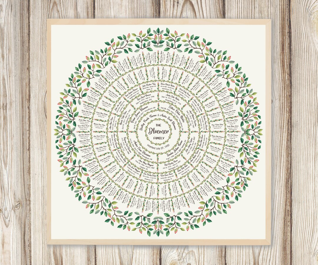 Family Tree Watercolor 6 Generations. Round Tree With Leafy Ornament Bloei Summer Family Tree ...