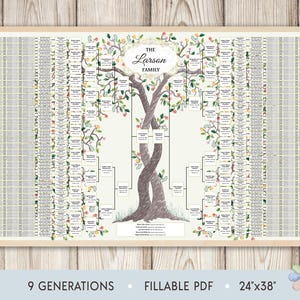 May include: A printable 9-generation family tree chart in the shape of a tree with intertwined trunks. The chart is designed to be filled in with names and dates. The chart is 24 inches by 38 inches and is a fillable PDF.