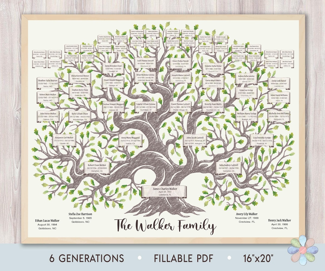 Six Generation Chart.pdf 6 Generations Family Tree Template: Green Oak Curved Trunk Walki ...