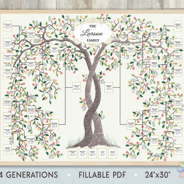 Family Tree Template for 4 Generations. Two Intertwining Summer Trees Larsi Family Tree. Family Tree Chart Template. Fast Edit Digital File