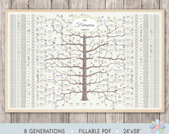 8 Generations Family Tree Template: Winter Branched Tree Ferri Genealogy Chart (Fillable PDF)