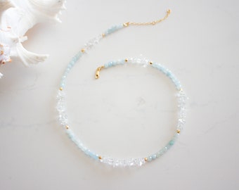 DAINTY Aquamarine Necklace 14k Gold Filled Genuine Gemstone Necklace With Clear Quartz