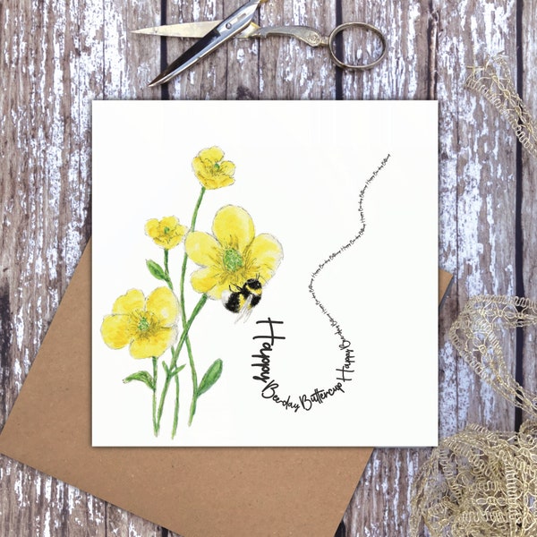 Happy Bee-day Buttercup - Buttercup Bee card - bee greeting card - flower card - flower greeting card - floral card - floral greeting card