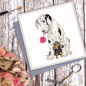 Blanko Dogge und Miniatur Dackel WurstHund Karte - 'Gerbera Glow' - Grußkarte Hund