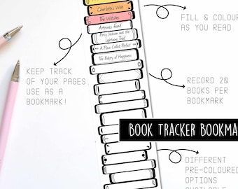 Könnte beinhalten: Ein schwarz-weißes druckbares Lesezeichen mit einem Stapel Bücher. Das Lesezeichen hat Platz, um die Titel von 20 Büchern einzutragen. Der Text "FILL & COLOUR AS YOU READ" und "RECORD 20 BOOKS PER BOOKMARK" ist enthalten.
