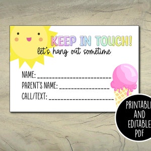 Tarjetas de cita para jugar, tarjetas de contacto de verano, tarjetas para mantenerse en contacto, etiquetas de fin de curso, PDF imprimible y editable