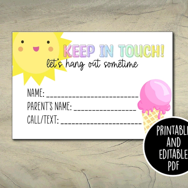 Playdate Cards, Summer Contact Cards, Keep in Touch Cards, End of School Tags, Printable and Editable PDF