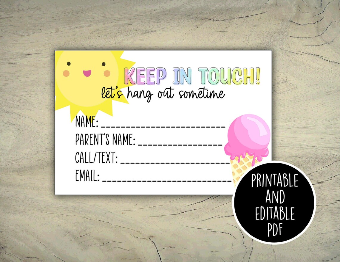 Playdate Cards, Summer Contact Cards, Keep in Touch Cards, End of