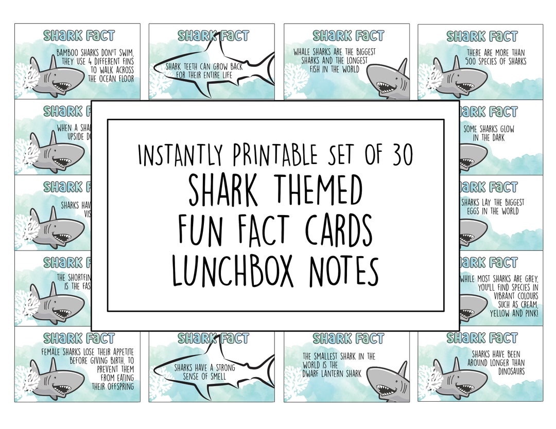 Printable Shark Fun Facts, Set of 30 Kids Lunchbox Notes, Educational