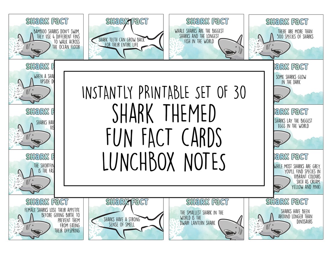 Printable Shark Fun Facts, Set of 30 Kids Lunchbox Notes, Educational ...