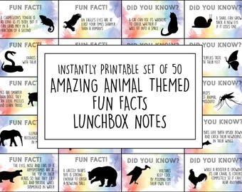 Printable Amazing Animal Themed Fun Facts, Set of 50 Kids Lunchbox Notes, Classroom Resources, Minimalist