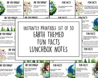 Printable Earth Themed Fun Facts, Set of 30 Kids Lunchbox Notes, Educational Science Facts, Earth Day Classroom Resources, Minimalist