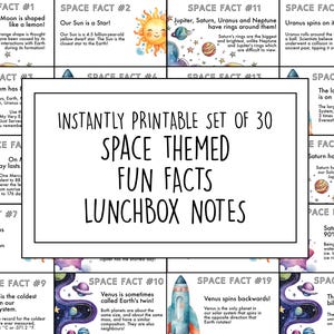 Faits amusants à imprimer sur le thème de l'espace, lot de 30 notes de boîte à lunch pour enfants, faits scientifiques éducatifs, ressources pédagogiques sur le système solaire, minimalisme