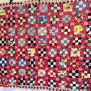 1940s Vintage Handmade Cotton Patchwork Feed Sack Nine Patch Quilt Top