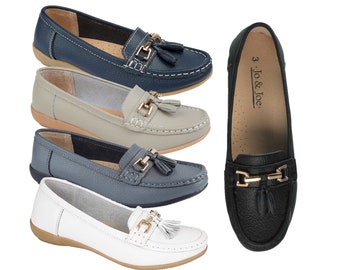 Ladies Real Leather Tassel Loafers Slip On Moccasin Flat Nautical Boat Shoes