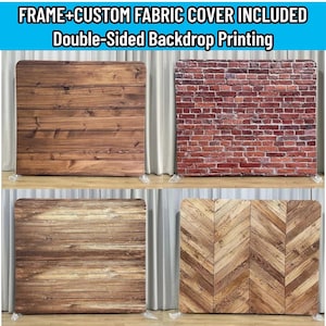 Può includere: Un set di fondali con stampa fronte-retro che include una cornice e una copertura in tessuto personalizzata. I motivi includono assi di legno orizzontali, un muro di mattoni rossi, legno usurato e un motivo a spina di pesce marrone.