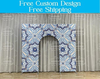 Welcome Open Arch Door Stand Blue Portuguese Tile Arch Backdrop PhotoBooth Photography Banner For Wedding Birthday Baby Shower Party Decor