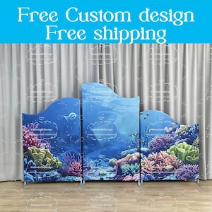 May include: Three blue and white fabric room dividers with a sea life design. The dividers are curved at the top and have a coral reef and fish design. The text "Free Custom design Free shipping" is at the top of the image.